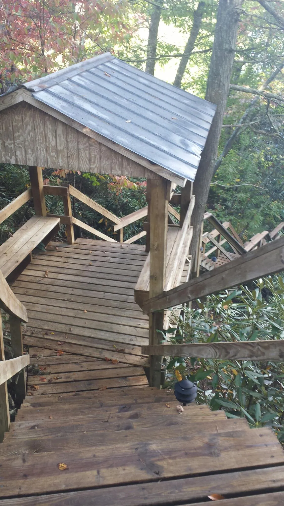 Metal roofed shelter over wooden steps on a wooded walkway — Skylight Repair & Installation work by our crew in Rochester Mills